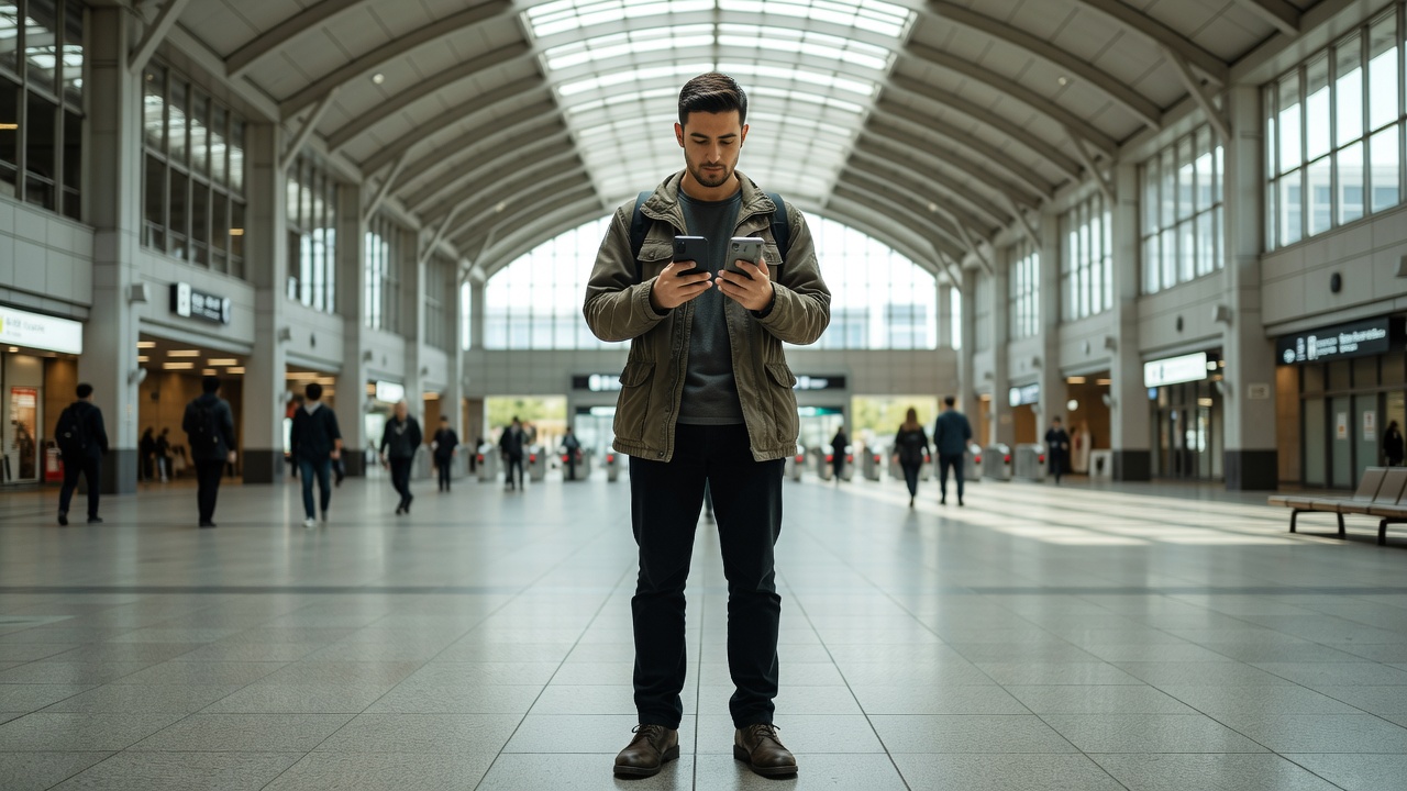 Reisende som sammenligner to telefoner mens de står i en rolig stasjonshall i Osaka