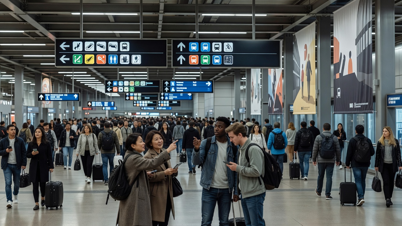 Travellers reading bilingual direction signs above a busy metro station concourse