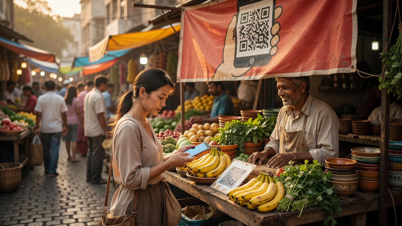 Reisender bezahlt mit dem Smartphone, indem er an einem Straßenmarktstand einen QR-Code scannt