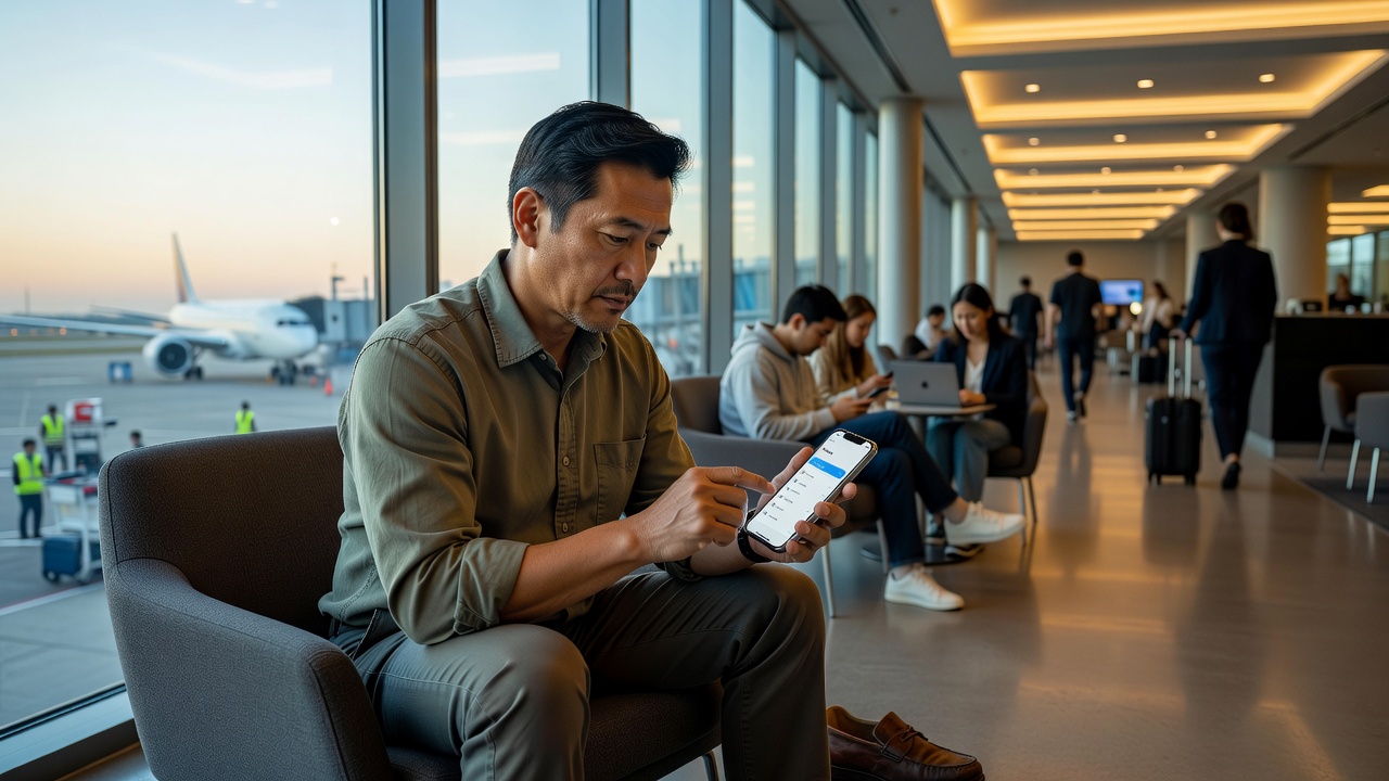 Traveller sitting in an airport lounge activating a travel eSIM in the phone settings menu