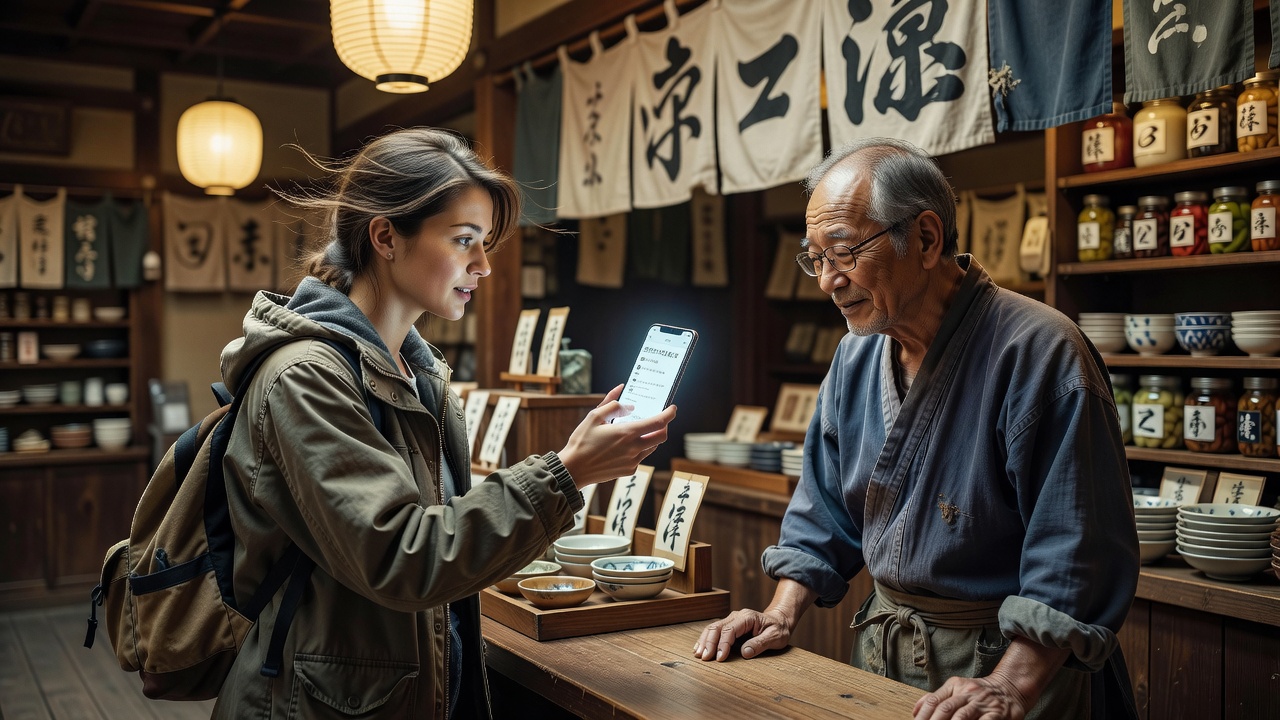 Traveller holding up a phone with translated Japanese text for a shop assistant to read