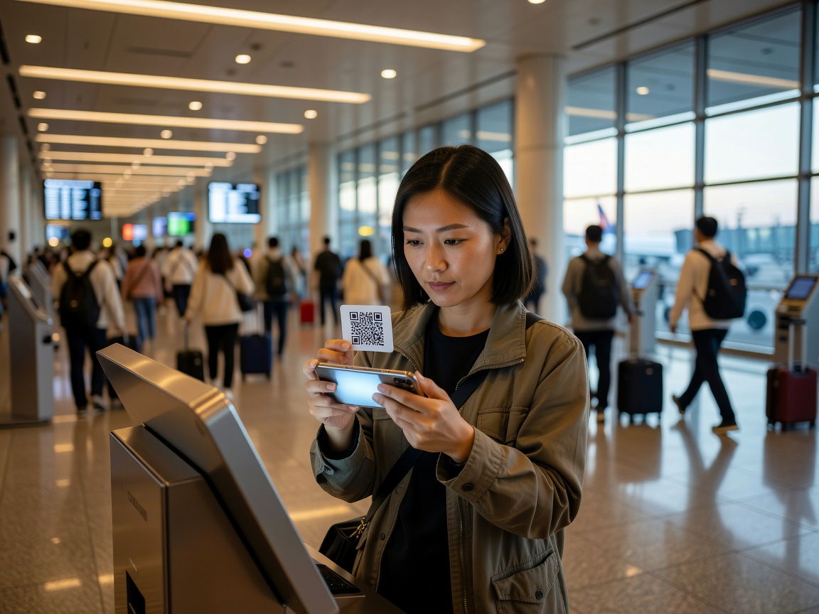 Ταξιδιώτης που σαρώνει κωδικό QR eSIM στο smartphone του σε χώρο αφίξεων αεροδρομίου